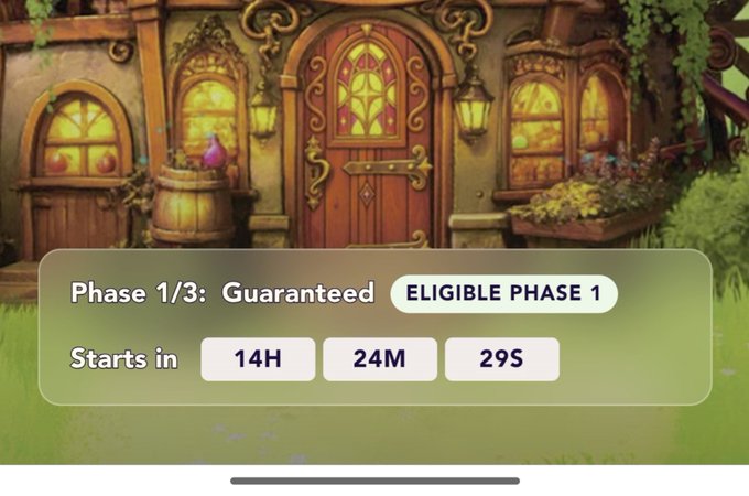 A whimsical game scene featuring an ornate cottage door with stained glass windows and a countdown timer overlay showing 'Phase 1/3: Guaranteed' with 'ELIGIBLE PHASE 1' badge and 'Starts in 14H 24M 29S'.