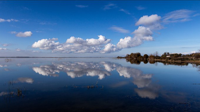 A serene landscape shows a calm lake reflecting white clouds and blue sky, with some vegetation visible in the foreground water.