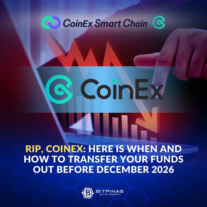 A graphic about 'CoinEx Smart Chain' and 'CoinEx' with the headline 'RIP, COINEX: HERE IS WHEN AND HOW TO TRANSFER YOUR FUNDS OUT BEFORE DECEMBER 2026', credited to BitPinas.
