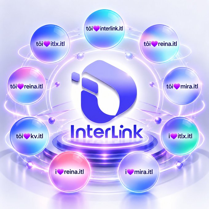 A promotional graphic for InterLink featuring its central logo surrounded by eight glowing orbs, each containing different domain names like 'itlinterlink.itl', 'reina.itl', 'mira.itl', and 'kv.itl'.