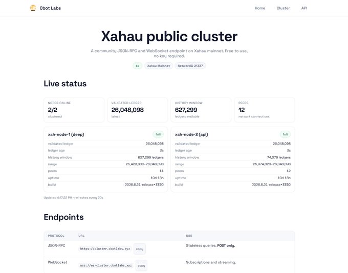 An identical screenshot to Image 3, showing the Cbot Labs 'Xahau public cluster' status page with the same live statistics and endpoint information.