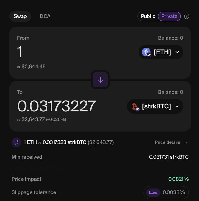 A dark-themed cryptocurrency swap interface showing a conversion of 1 ETH (≈$2,644.45) to 0.03173227 strkBTC (≈$2,643.77) with private transaction mode enabled.
