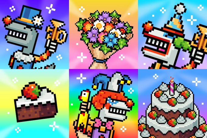 A colorful 2x3 grid of pixel art illustrations featuring various characters, flowers, and a strawberry cake with vibrant rainbow gradient backgrounds and sparkle effects.
