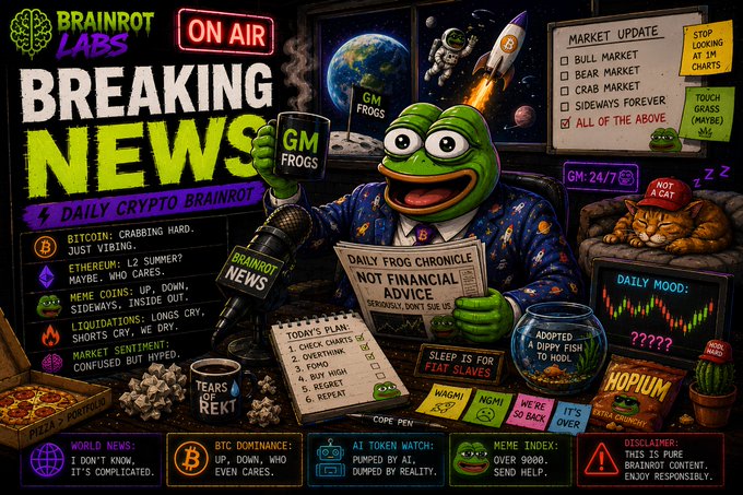A busy, meme-style 'BRAINROT LABS BREAKING NEWS' graphic featuring a Pepe the Frog character holding a 'GM FROGS' mug, surrounded by various crypto-related jokes, checklists, and news headlines.