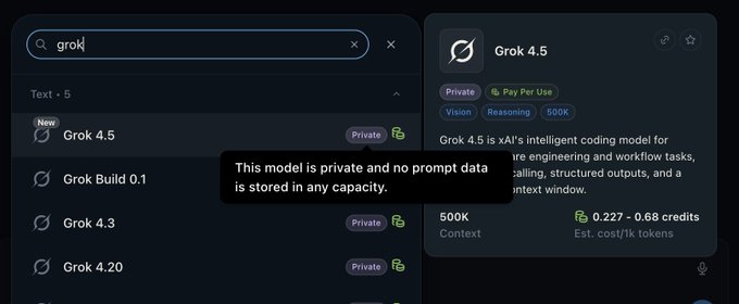 An AI chat interface showing a model selection menu for 'Grok 4.5' with tags including Private, Pay Per Use, Vision, Reasoning, and 500K context, along with a tooltip stating 'This model is private and no prompt data is stored in any capacity.'