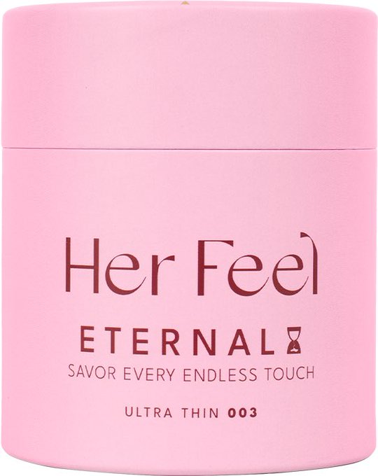 A pink product packaging for 'Her Feel ETERNAL' with the tagline 'SAVOR EVERY ENDLESS TOUCH' and 'ULTRA THIN 003' displayed on it.