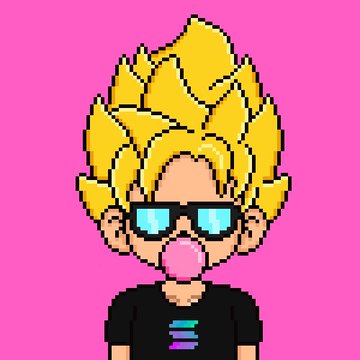 A pixel art character with spiky blonde hair, sunglasses, and a bubblegum bubble, wearing a black shirt on a bright pink background.