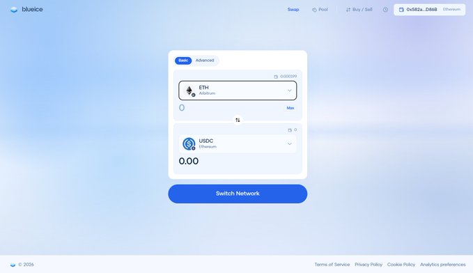 A swap interface on the 'blueice' platform showing an exchange between 'ETH' on the Arbitrum network and 'USDC' on Ethereum, with a 'Switch Network' button.