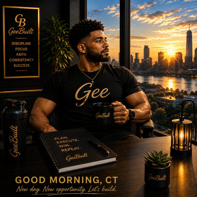A motivational graphic featuring a man in a 'Gee' branded t-shirt sitting at a desk with a notebook reading 'PLAN. EXECUTE. WIN. REPEAT.', set against a city skyline at sunrise, with the text 'GOOD MORNING, CT. New day. New opportunity. Let's build.'