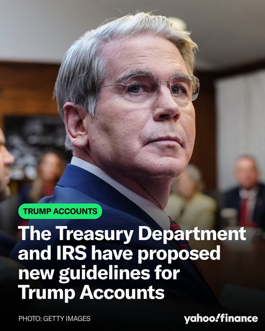 A news graphic featuring Jerome Powell (Federal Reserve Chair) looking upwards, with a Yahoo Finance logo, photo credit 'GETTY IMAGES', and text reading 'TRUMP ACCOUNTS: The Treasury Department and IRS have proposed new guidelines for Trump Accounts'.
