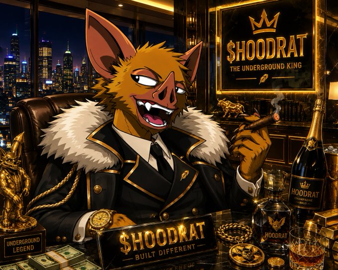An illustration of an anthropomorphic character labeled 'SHOODRAT THE UNDERGROUND KING' wearing a suit and holding a cigar, displayed alongside a 'HOODRAT CHAMPAGNE BRUT' bottle.