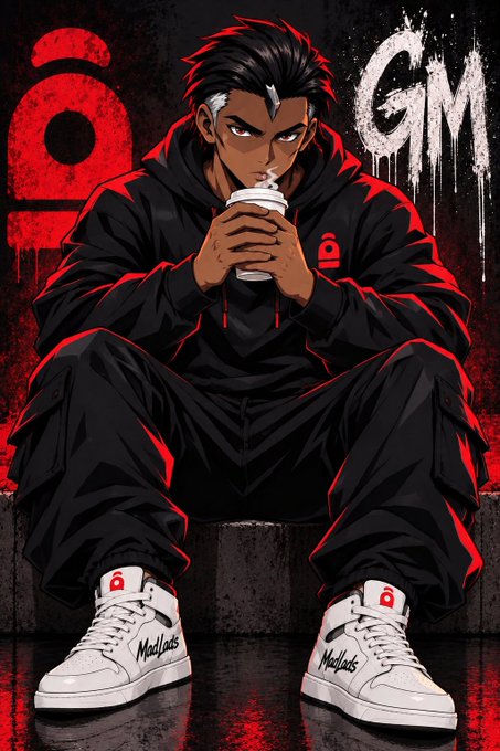 Anime-style illustration of a dark-skinned male character in a black hoodie drinking from a white cup, seated against a dark red background with graffiti reading 'GM', wearing white sneakers labeled 'MadLads'.