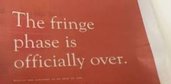 A full-page Wall Street Journal advertisement displays the text "The fringe phase is officially over." in bold white lettering against a red background, reinforcing the post's message that Bitcoin has transitioned from a marginal asset to mainstream acceptance.