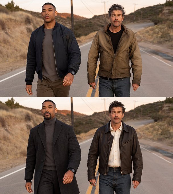 A side-by-side comparison shows two men on a rural road in two outfit variations: the top image features them in casual bomber jackets, while the bottom image displays them in more polished attire (a dark overcoat and a leather jacket), illustrating a "how it started vs how it's going" transformation tied to the "#lanterns" theme.