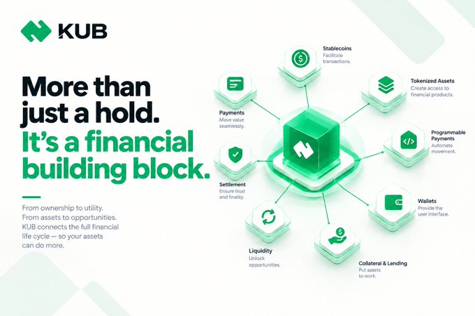 An infographic for 'KUB' cryptocurrency titled 'More than just a hold. It's a financial building block,' highlighting use cases like Stablecoins, Tokenized Assets, Programmable Payments, Wallets, Collateral & Lending, Liquidity, Settlement, and Payments.