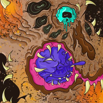 A cartoon illustration of a monstrous creature with a purple face full of teeth and sharp spikes, surrounded by brown fleshy textures, with a single turquoise eye dripping liquid.