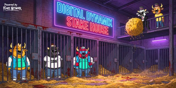 A Flare Network digital artwork titled 'DIGITAL DYNAMIX STAKE HOUSE', depicting cartoon bulls in cages beneath a neon sign.