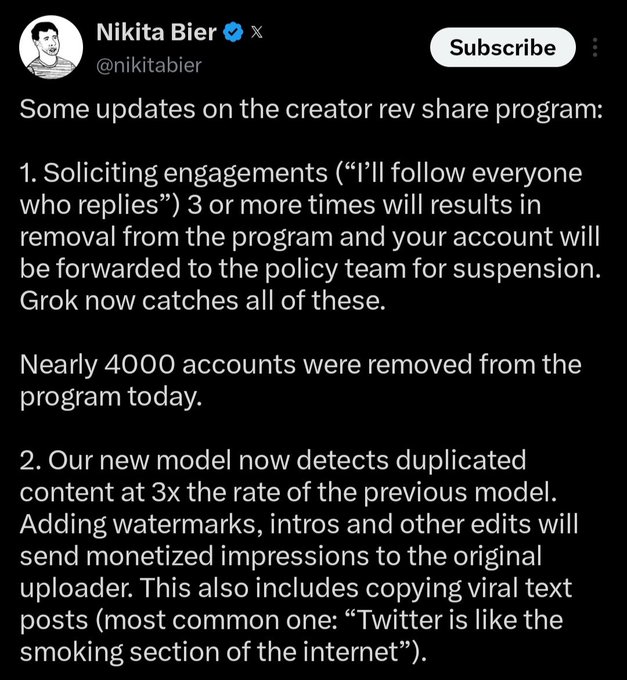 A tweet by Nikita Bier (@nikitabier) announcing updates to the creator rev share program, noting nearly 4000 accounts were removed and describing new duplicate content detection rules.