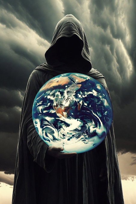 A hooded, faceless figure in a dark cloak holds a glowing blue and white Earth-like sphere against a dramatic cloudy sky.