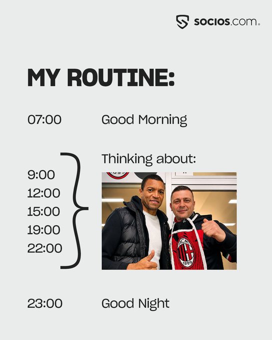 A humorous daily routine infographic from Socios.com where the hours between 9:00 and 22:00 are simply labeled "Thinking about:" accompanied by a photo of two men, one wearing an AC Milan jersey, making it clear that football occupies the majority of the day.