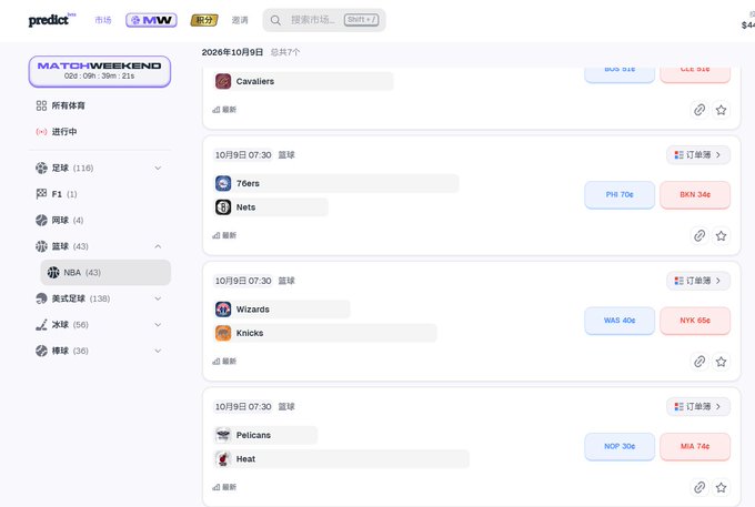A sports betting website interface (predict) displaying NBA basketball matchups for October 9, 2026, including games like Cavaliers, 76ers vs. Nets, Wizards vs. Knicks, and Pelicans vs. Heat, with respective odds shown.