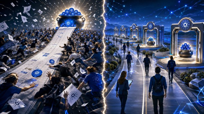 A split scene contrasts chaos and order: on the left, a crowd scrambles to grab falling Cardano (ADA) coins from a tipped cauldron amid scattered white papers, while on the right, orderly individuals walk calmly past glowing ADA displays. The imagery visually mirrors the post's message about how long NCL windows encourage front-running frenzy, whereas shorter windows foster disciplined participation in the $ADA ecosystem.