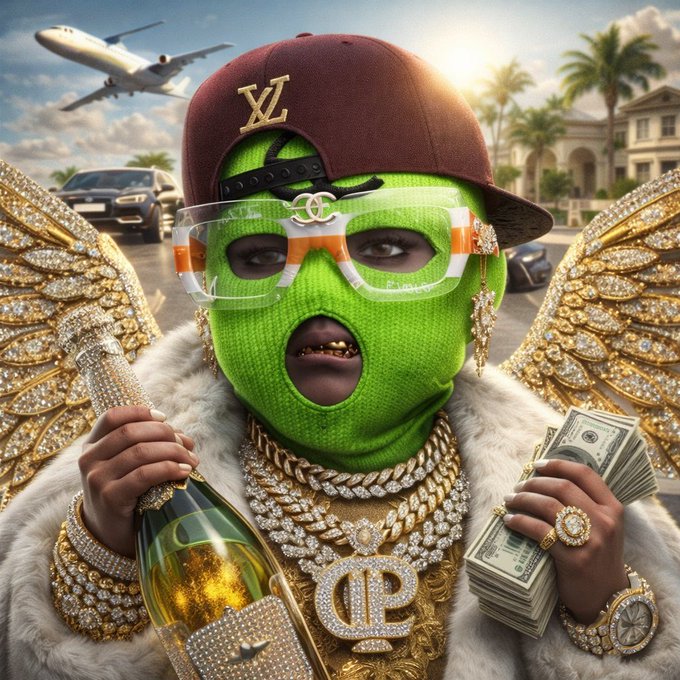 An AI-generated image of a figure wearing a green ski mask, Louis Vuitton cap, Chanel glasses, diamond chains, and jeweled wings, holding a bottle of champagne and a stack of US dollar bills, with a private jet and mansion in the background.
