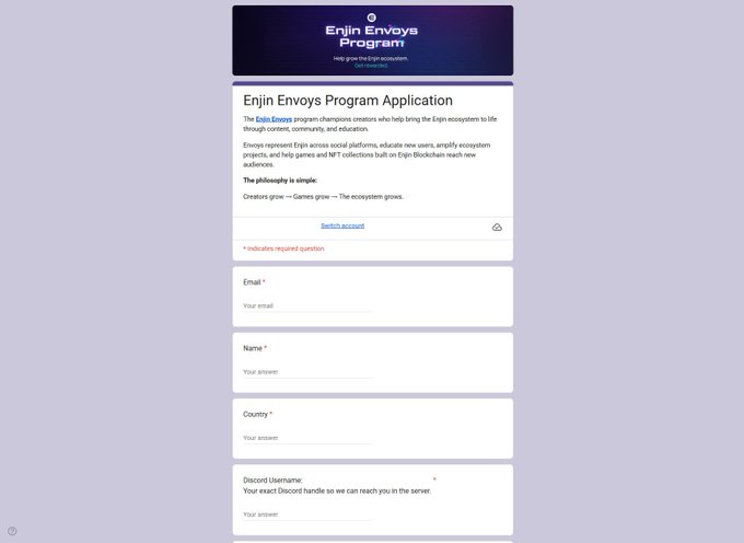 A webpage for the 'Enjin Envoys Program Application' with a form requiring Email, Name, Country, and Discord Username fields.