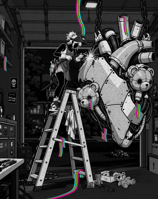 Black and white illustration with neon accents showing an anime-style character on a ladder welding a large mechanical heart structure with teddy bear elements, set in an industrial garage.
