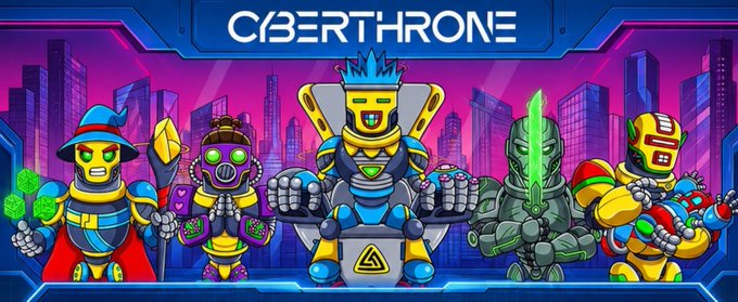 A vibrant cyberpunk-themed banner for 'CYBERTHRONE' featuring five robotic characters with neon accents against a futuristic cityscape with purple and blue tones.