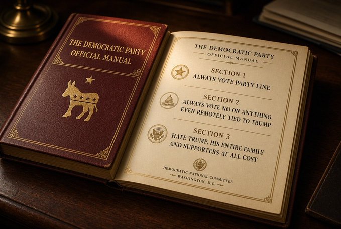 A leather-bound book titled "THE DEMOCRATIC PARTY OFFICIAL MANUAL" with a donkey emblem lies open on a wooden surface, displaying satirical sections: "SECTION 1: ALWAYS VOTE PARTY LINE," "SECTION 2: ALWAYS VOTE NO ON ANYTHING EVEN REMOTELY TIED TO TRUMP," and "SECTION 3: HATE TRUMP, HIS ENTIRE FAMILY AND SUPPORTERS AT ALL COST."