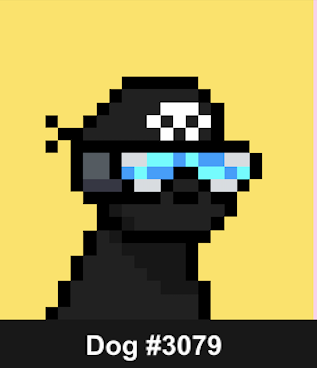 A pixel art illustration on a yellow background depicting a black dog wearing blue-tinted sunglasses, labeled 'Dog #3079' at the bottom.