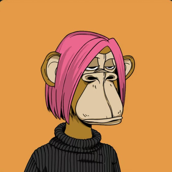 Digital illustration of a tired-looking Bored Ape-style NFT character with pink hair, droopy eyes, and a black turtleneck sweater against an orange background.