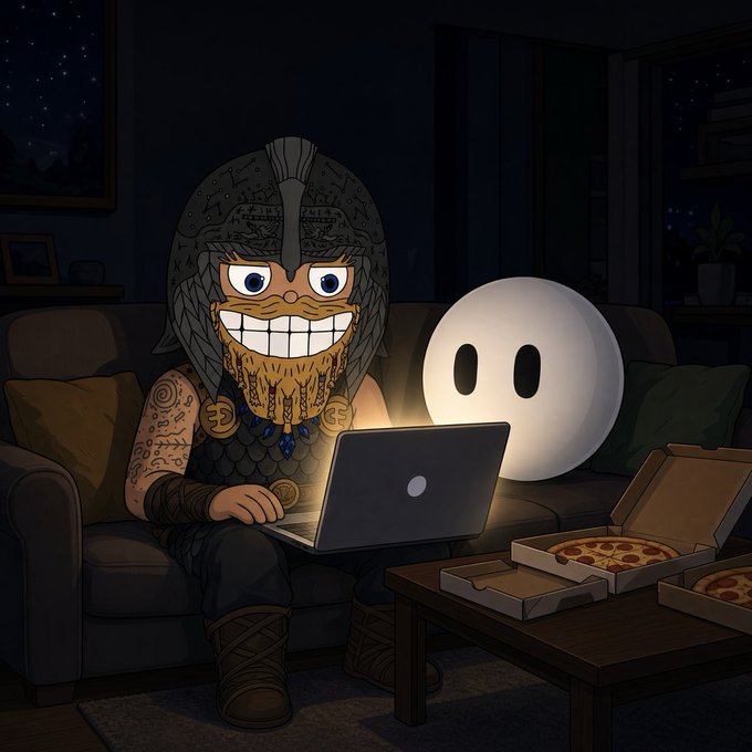 An animated illustration depicts a stylized cartoon warrior with a horned helmet and a golden braided beard, sitting on a gray couch and grinning widely while using a laptop. Beside him glows a white spherical ghost-like figure, and an open pizza box sits on the wooden coffee table in front of them in the dimly lit room.