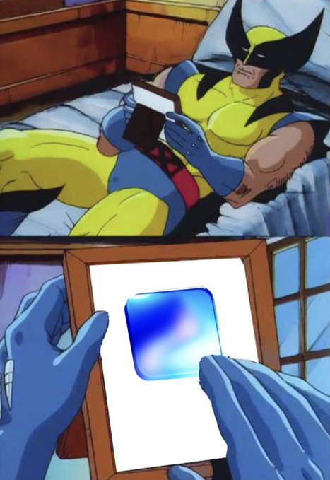 A two-panel X-Men comic meme showing Wolverine in bed reading a book, followed by Beast revealing it was actually the Apple App Store icon.