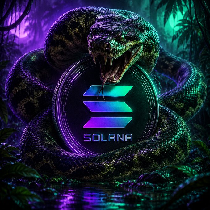 A digital artwork of a fierce snake coiled around a glowing Solana (SOL) logo coin against a vibrant purple and green jungle background.