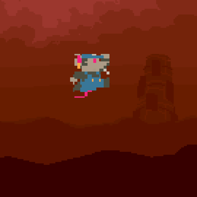 A pixel art scene showing a small white character with blue overalls floating or jumping in a reddish-brown, Mars-like landscape next to a Moai-style stone head.