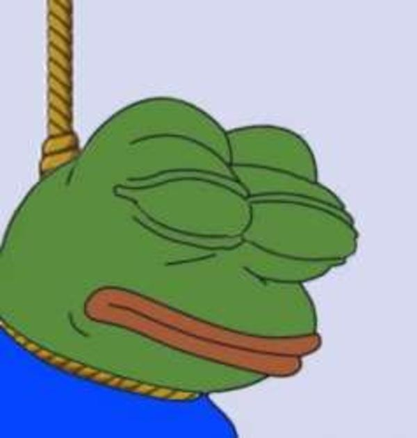 The image features a cartoon frog with green skin, sitting on a rope. The frog appears sad or contemplative, as if it's looking down at something below him. There are no texts present in the image, so we can only see the frog and its surroundings.