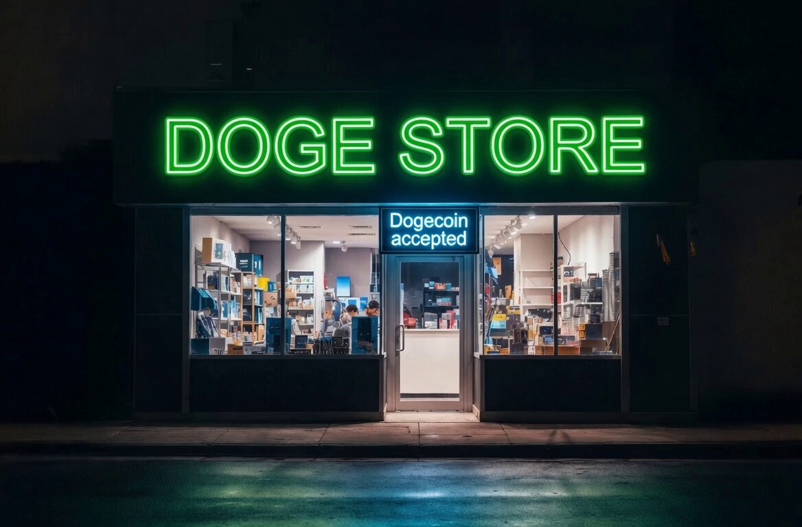 The image shows a store called "DOGE STORE" with neon green letters on its facade at night. The store has an "A" rating from the Better Business Bureau (BBB), indicating that it meets certain standards of trustworthiness, reliability, and customer service. The store is located in a city street, which suggests that it might be a local business rather than a large multinational corporation.