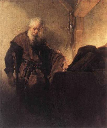 A classical Baroque-style painting of an elderly bearded man in robes examining a large open book in a dimly lit setting.