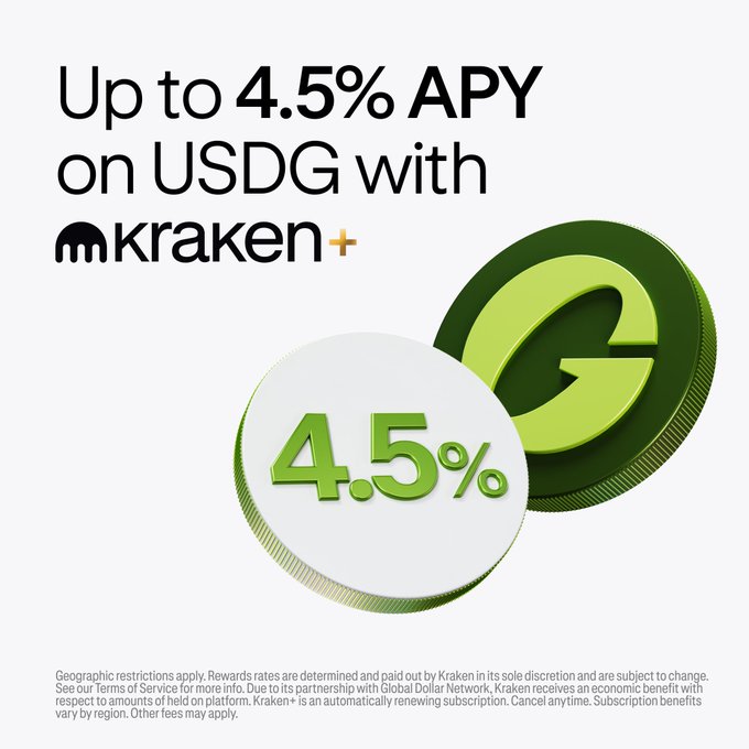 A Kraken+ promotional graphic advertising "Up to 4.5% APY on USDG," featuring bold text alongside a green "G" coin emblem and a "4.5%" circular badge, with a link to app.kraken.com/JDNW/getUSDG directing users to earn rewards through Auto Earn.