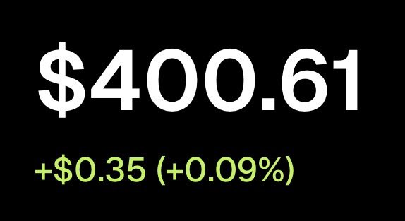 A black screen displays a stock or cryptocurrency price of $400.61 with a green gain of +$0.35 (+0.09%).