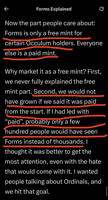 A screenshot titled "Forms Explained" explaining that the free mint for "Forms" is only available to certain Occultum holders, with the rest requiring a paid mint, and the creator admits they marketed it as a free mint to attract more attention despite backlash. The accompanying post promotes a new "420 toadstools" inscription offering a free mint to "true Ordinal OGs," drawing a thematic parallel to the Forms project's free-for-holders minting model.