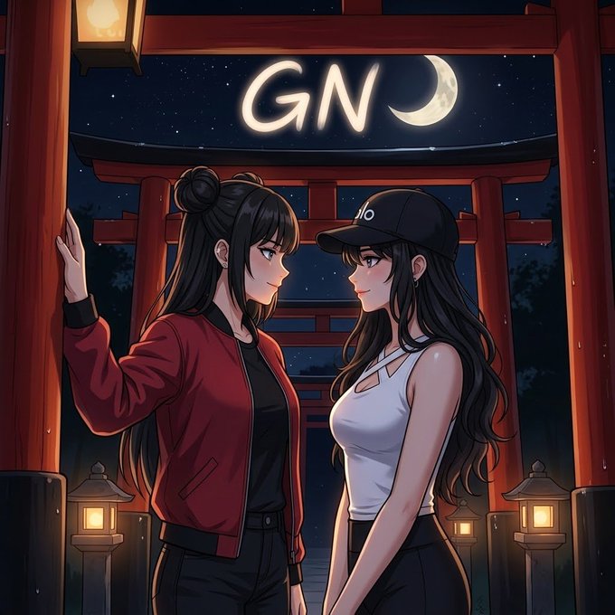 An anime-style illustration of two young women standing face-to-face under a red torii gate at night, with the text 'GN' and a crescent moon glowing in the starry sky behind them.