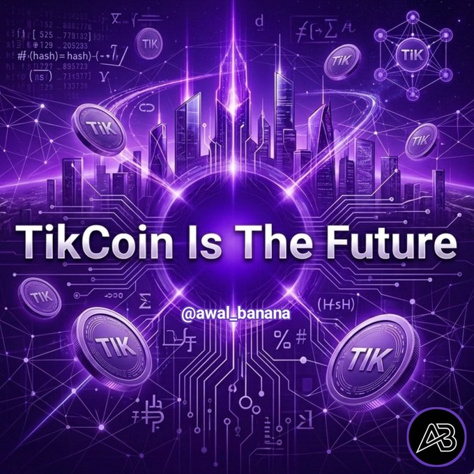 The image is a vibrant purple digital graphic featuring futuristic skyscrapers, floating "TIK" coins, and a network of glowing circuit lines, with the bold text "TikCoin Is The Future" and the handle "@awal_banana," promoting the TikCoin cryptocurrency network as a forward-looking digital currency opportunity.