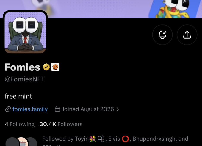 This image displays a Twitter/X profile for "Fomies" (@FomiesNFT) with 30.4K followers and a "free mint" tagline, featuring an NFT-style character avatar sitting in a chair. The profile aligns with the accompanying post promoting a free mint and whitelist opportunity, serving as visual confirmation of the project being advertised.