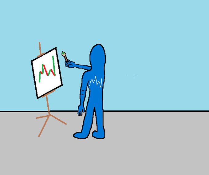 A simple cartoon illustration of a blue humanoid figure pointing at a line chart with green and red lines on an easel against a light blue background.