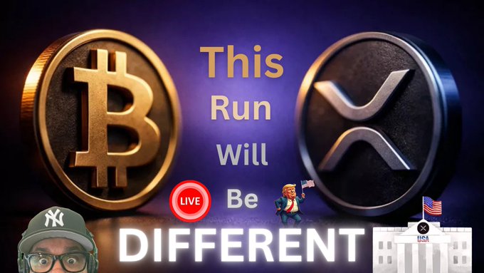 A cryptocurrency thumbnail featuring large Bitcoin and XRP coins with text 'This Run Will Be DIFFERENT,' a LIVE badge, and a small image of Uncle Sam near the White House.