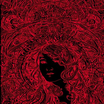 A stylized red and black illustration featuring a woman's face and flowing hair surrounded by intricate, swirling decorative patterns.
