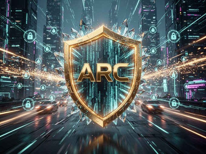 A digital artwork featuring a golden shield with the letters "ARC" surrounded by crystal-like spikes, set against a cyberpunk cityscape with padlock icons floating around.
